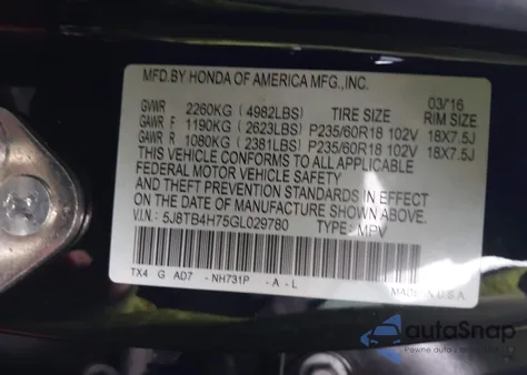 2016 Acura Rdx Advance Package из США, поврежденный, VIN 5J8TB4H75GL029780